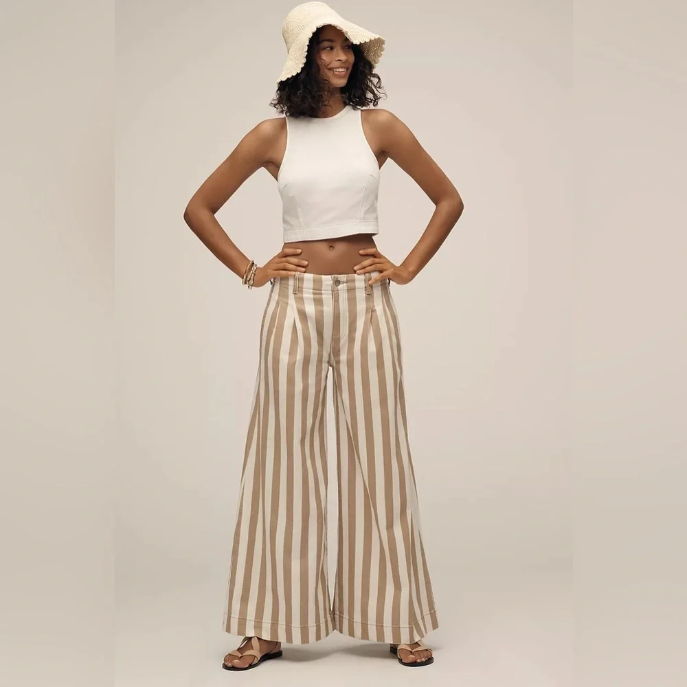 NWT! Anthropologie White & Beige Stripe Maeve High-Rise Wide-Leg Jeans 🔎 - Picture 2 of 5